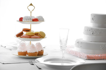 Beautiful decorated table for wedding celebration in restaurant