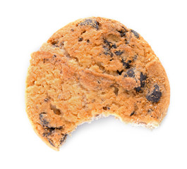 Bitten off cookie with chocolate crumbs isolated on white background