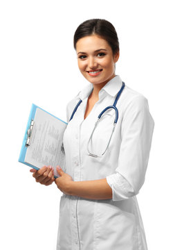 Smiling Medical Doctor Holding A Folder Isolated On White