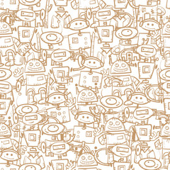 Vector seamless pattern with cartoon robots  on  white  background.