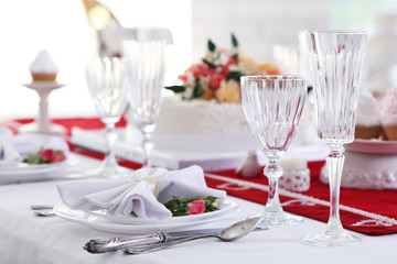 Beautiful served table for wedding or other celebration in restaurant