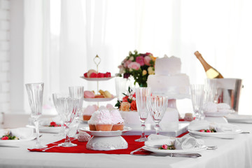 Beautiful served table for wedding or other celebration in restaurant
