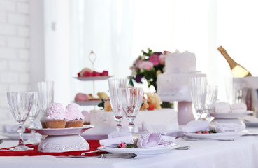 Beautiful served table for wedding or other celebration in restaurant