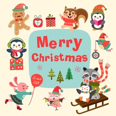 Set of cute cartoon christmas characters. Vector illustration.