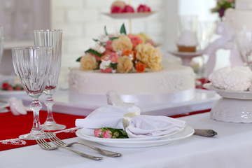 Beautiful served table for wedding or other celebration in restaurant