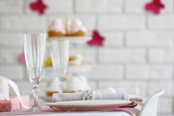 Beautiful served table for wedding or other celebration in restaurant