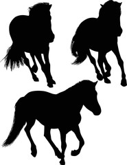 three silhouette of horses isolated on white