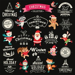 Fototapeta premium Christmas decoration collection of calligraphic and typographic design with labels, icons elements. Set of cute cartoon characters.