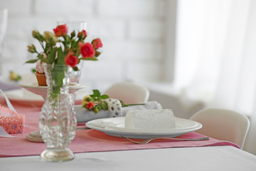 Beautiful served table for wedding or other celebration in restaurant