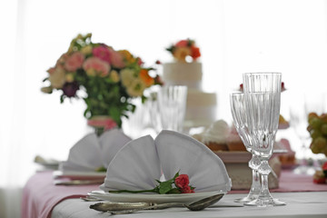 Beautiful served table for wedding or other celebration in restaurant