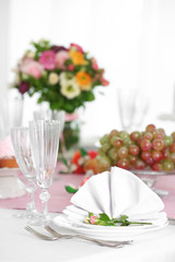 Beautiful served table for wedding or other celebration in restaurant