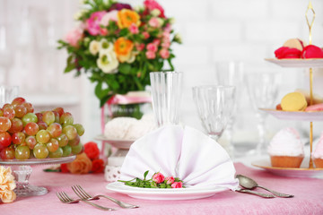 Fototapeta na wymiar Beautiful served table for wedding or other celebration in restaurant