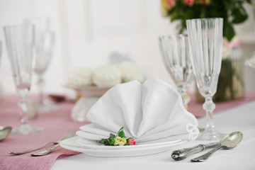 Beautiful served table for wedding or other celebration in restaurant