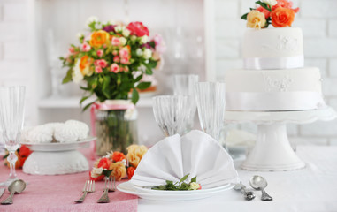 Beautiful served table for wedding or other celebration in restaurant