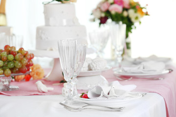 Beautiful served table for wedding or other celebration in restaurant