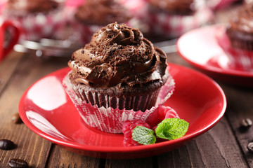 Chocolate cupcakes on saucer closeup