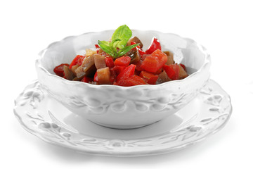 Ratatouille in bowl, isolated on white