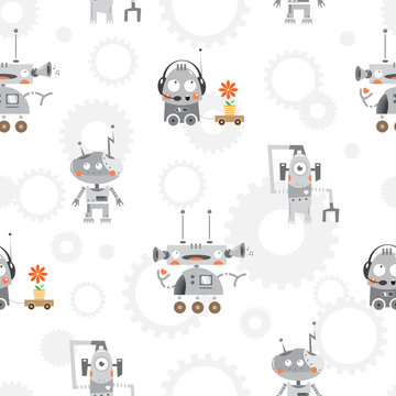 Vector seamless pattern with cartoon robots and gears on  white  background.