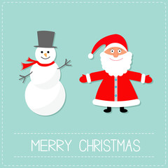 Cartoon Snowman and Santa Claus. Blue background. Dash line. Merry Christmas card. Flat design