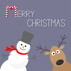 Snowman and deer. Violet background. Candy cane. Merry Christmas card. Flat design