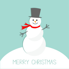 Cartoon Snowman on snowdrift. Blue background. Merry Christmas card Flat design