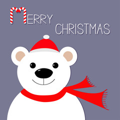 White polar bear in Santa Claus hat and scarf. Candy cane. Merry Christmas Greeting Card. Violet background. Flat design