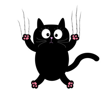Cartoon black cat claw scratch glass. White background. Isolated. Flat design.