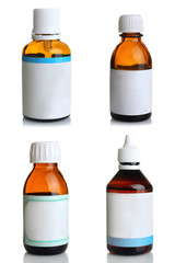  bottle with the cure for the common cold on white isolated background collage