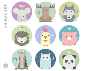 Animal set of colorful portrait in flat graphics. Vector Illustration