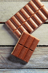 Chocolate on wooden background closeup