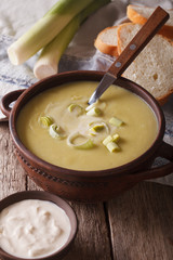 Homemade leek soup in a bowl close-up on the table. vertical 

