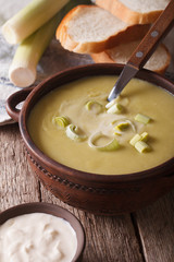 vichyssoise soup in a bowl close-up on the table. vertical 
