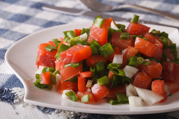 Salmon salad with vegetables close-up on a plate. horizontal
