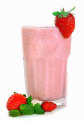 A glass of fresh cold strawberry smoothie, isolated on white