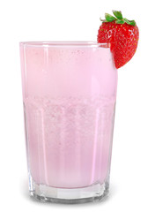 A glass of fresh cold strawberry smoothie, isolated on white