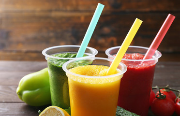 Fresh juice mix fruit, healthy drinks on wooden background