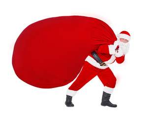Santa Claus pull Christmas bag with gifts isolated on white