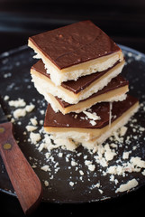 Stack of Chocolate Cookies with Caramel on Black Tray