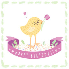 Yellow cute baby chicken Happy Birthday vector background and card with ribbon. Greeting card.