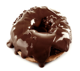 Delicious doughnut with chocolate icing isolated on white