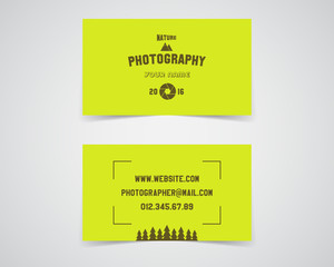 Modern light Business card template for nature photography studio. Unusual design. Corporate brand identity template with shutter logo, badge element. Photograph label. Realistic shadow. Vector