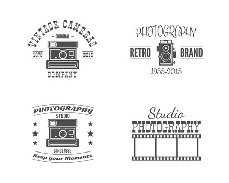 Vintage Photography Badges, Labels. Monochrome design with stylish old cameras and elements. Retro style for photo studio, photographer, equipment store, shop. Signs, logos. Vector