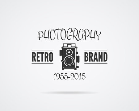 Vintage Photography Badge, Label. Monochrome design with stylish old camera. Retro style for photo studio, photographer, equipment store, shop. Creative photography brand template. Vector