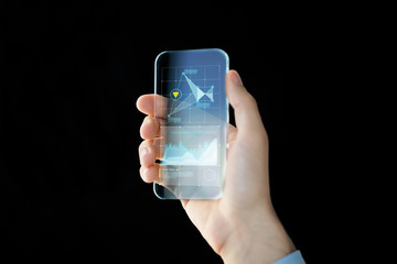 close up of male hand with transparent smartphone