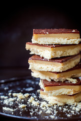 Stack of Chocolate Cookies with Caramel on Black Tray