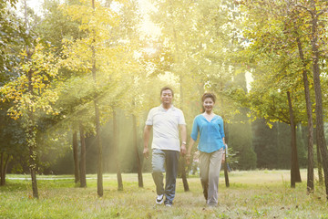 elderly couple walking in the morning