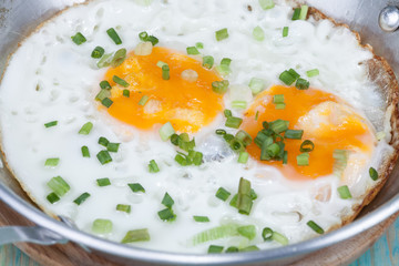 Egg in pan on wood table
