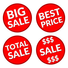 Colorful discount signs. Red labels. Icons for special offer. Typography background. Red round sale stickers on white background. Design template in coin style. Advertising message. Vector