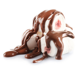 Chocolate poured on marshmallow isolated on white