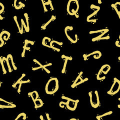 Seamless pattern with letters. Abstract funny yellow letters on a black background. Fashionable graphic style with alphabet. For prints, textiles, wrapping, wallpaper, website, blog etc. VECTOR